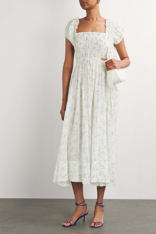 Floral Smocking Puff-Sleeve Midi Dress