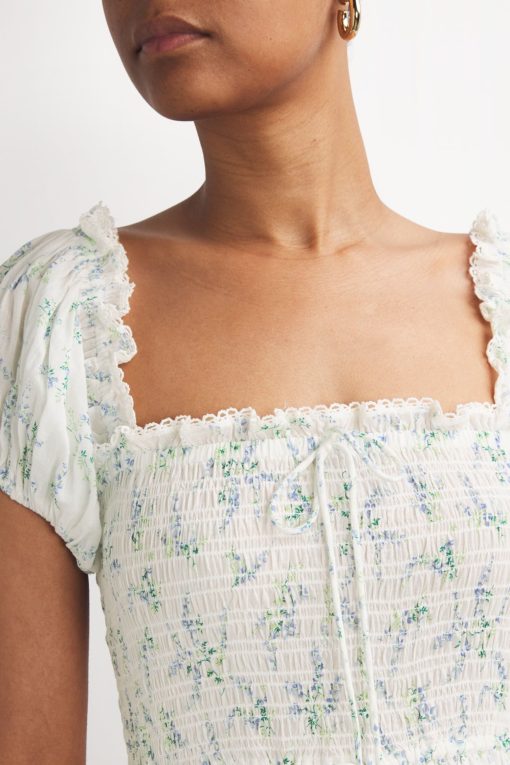 Floral Smocking Puff-Sleeve Midi Dress