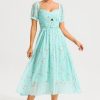 Square Collar Pleated Midi Dress With Belt