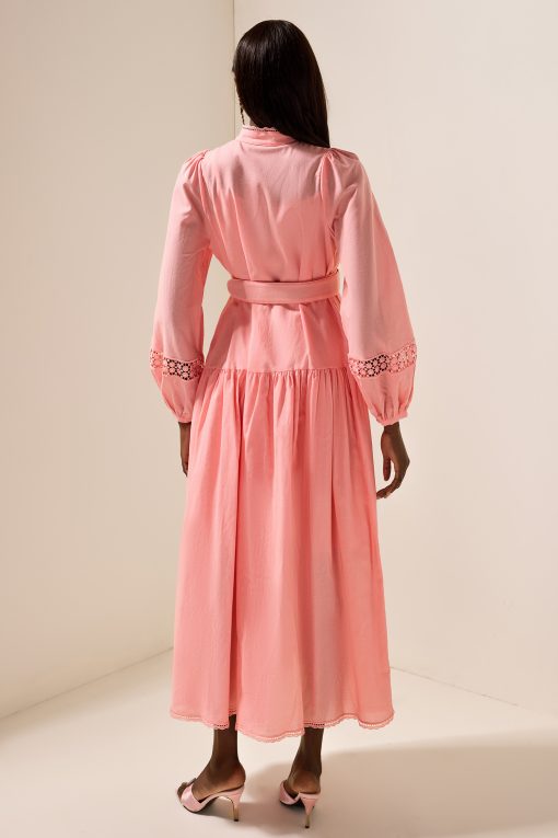 Solid Lantern Sleeve With Belt Midi Dress