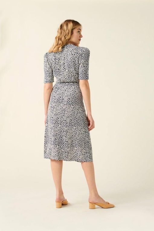Floral Short Sleeve V-Neck Midi Dress Blue
