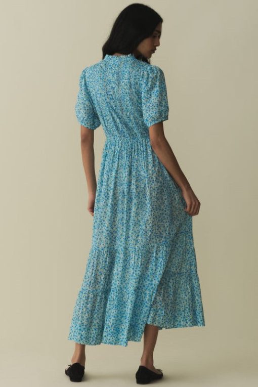 Floral Puff Sleeve Single Breasted Midi Dress