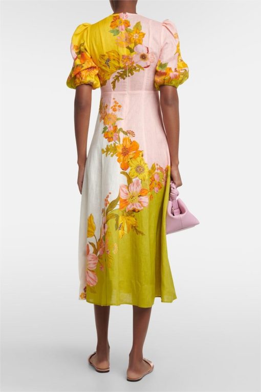 Floral Puff Sleeve Round Neckline Midi Dress