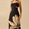 Botanical Print Lace-Up Slip Midi Dress