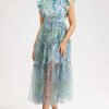 Floral Flutter Sleeve Crew Collar Tapered Waist Midi Dress Green