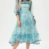 Printed Round Collar Lantern Sleeve Ruffled Midi Dress